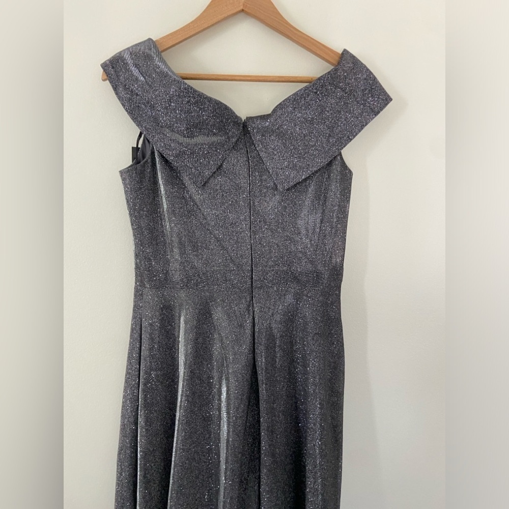 Xscape Off‎ the Shoulder V-Neck Silver Sprakly Fit and Flare Gown Dress - Picture 8 of 9